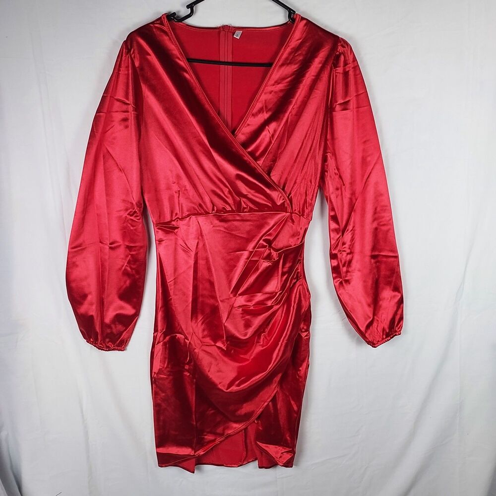 Yajedo Satin V-Neck Dress Size Small Red Party/Cocktail Long Sleeve New
